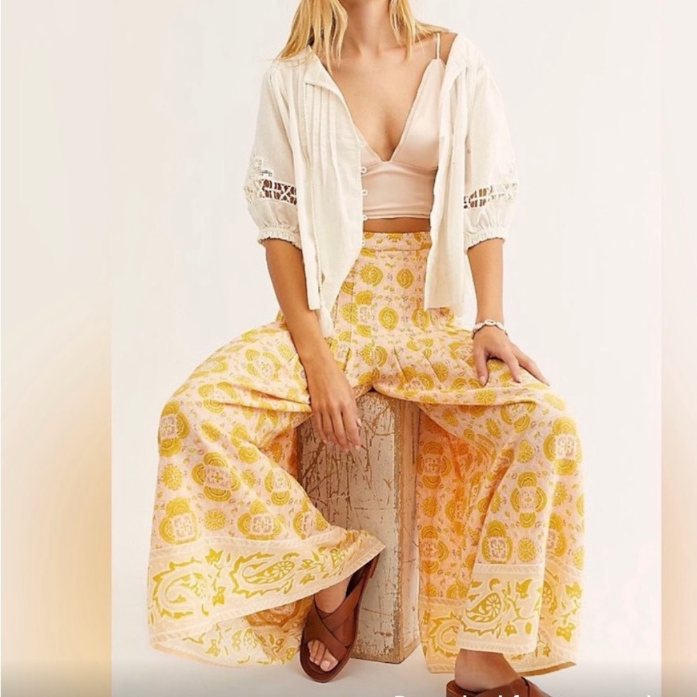 Free People Women's Pink & Mustard Printed Boho Gaucho Pants Size S